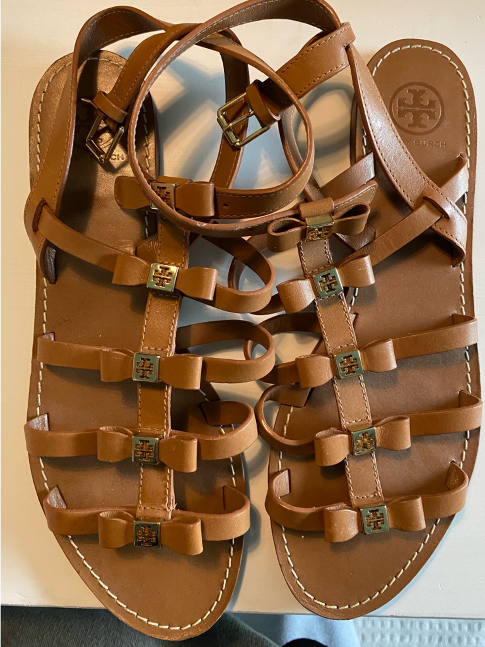 Tory Burch Cognac Leather Bow-Strap Gladiator Sandals
